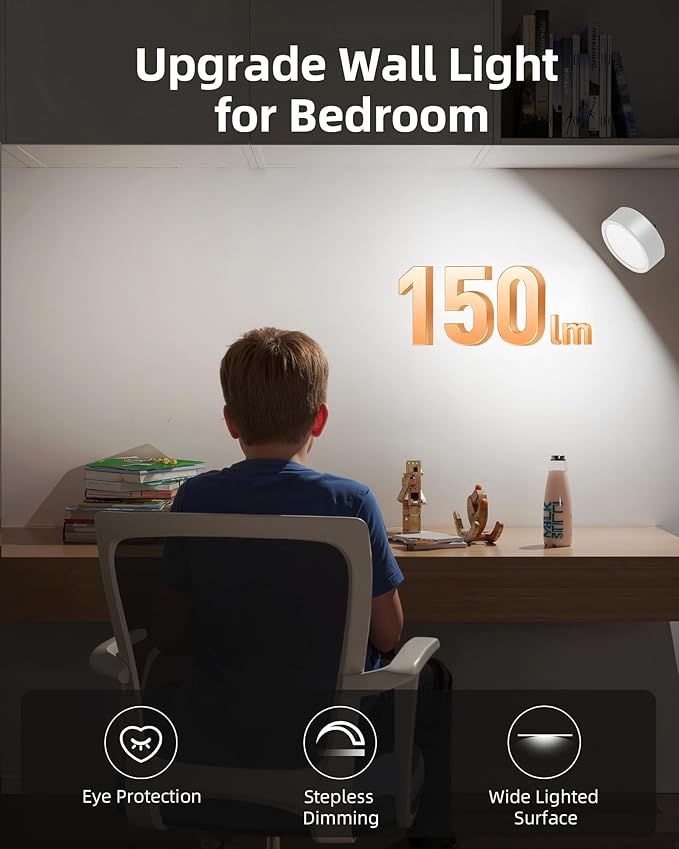 EZVALO LED Wall Mounted Light, 3000mAh Rechargeable Cordless Wall Sconce, 3 Color Temperatures, Dimmable with Remote & Touch Control, 360° Rotatable for Bedroom, Bedside, Reading, Study (White)