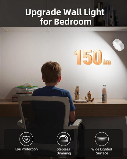 EZVALO LED Wall Mounted Light, 3000mAh Rechargeable Cordless Wall Sconce, 3 Color Temperatures, Dimmable with Remote & Touch Control, 360° Rotatable for Bedroom, Bedside, Reading, Study (White)
