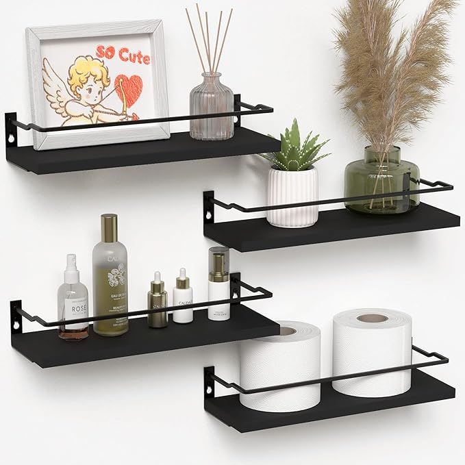 RICHER HOUSE Bathroom Floating Shelves with Guardrail, Set of 4 Rustic Wall Mounted Storage Shelves, Over Toilet - Black