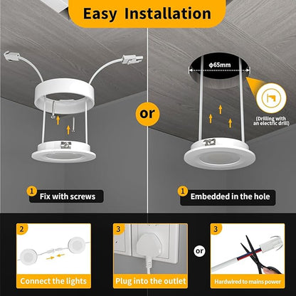 WOBANE Hardwired Under Cabinet Lights,Linkable LED Puck Lighting with Switch,DIY Under Counter Light for Kitchen,Showcase,Bookcase,Recessed&Wall Plug in,Natural White 4000K,120V,Set of 3