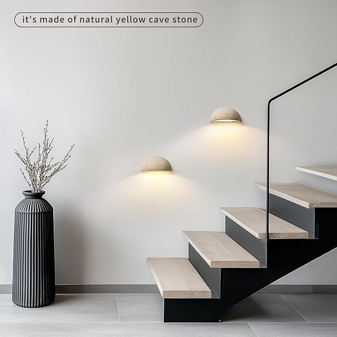 Wabi-Sabi Art Lighting Fixture Nordic Modern Marble Wall Sconce, Half Moon Semi Circle Yellow Travertine Wall Lamp,Japanese Style Natural Stone Bedside Wall Light for Bedroom, Foyer, Entryway,Stairs