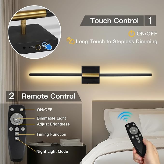 Battery Operated Wall Sconces Set of Two, Battery Wall Sconce with Remote Control, Black Gold Modern LED Rechargeable Wireless Sconces, Wall Lights for Bedroom, Living Room, 2Pack, 31.5Inch
