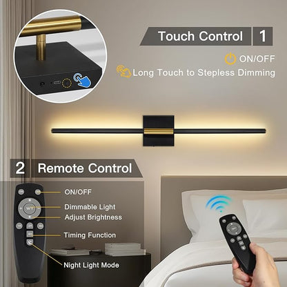 Battery Operated Wall Sconces Set of Two, Battery Wall Sconce with Remote Control, Black Gold Modern LED Rechargeable Wireless Sconces, Wall Lights for Bedroom, Living Room, 2Pack, 31.5Inch