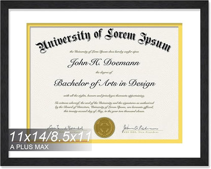 A PLUS MAX 11x14 Diploma Frame Display 8.5 x 11 Certificate with White & Gold Mat, Engineered Wood Document Frame with Black Wood Grain for Masters Associates Bachelor Degree - 1 Pack