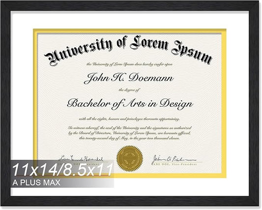 A PLUS MAX 11x14 Diploma Frame Display 8.5 x 11 Certificate with White & Gold Mat, Engineered Wood Document Frame with Black Wood Grain for Masters Associates Bachelor Degree - 1 Pack