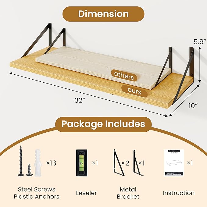 Floating Shelf for Wall,32" WX10 D Wood Floating Shelves with Sturdy Metal Bracket Set of 2,Wall Mounted Hanging Shelf for Bathroom,Bedroom,Kitchen,Oak