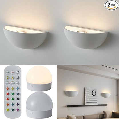 2 Pack Repaintable Battery Operated Wall Sconce, Minimalist Half-Sphere Gypsum Rechargeable Wall Light with 5000mAh Dimmable Magnetic Bulb Remote, 12 RGB Colors Wireless Wall Lamp for Hallway Decor