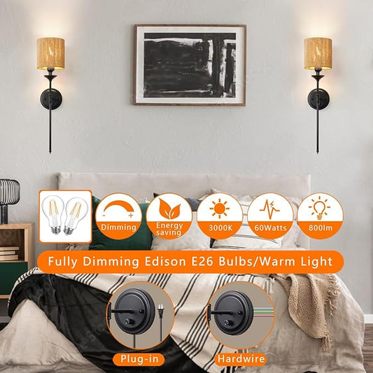 Rattan Plug in Wall Sconces Set of 2, Dimmable Vintage Black Wall Light with Dimmer Switch 6.5ft Electric Cord Wall Lamp for Bedroom Bedside Living Room ﻿