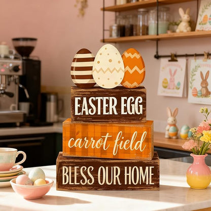 Easter Decorations - Easter Egg Carrot Field Tiered Tray Decor - Wooden Farmhouse Easter Tabletop Sign with Eggs & Carrot Theme - Rustic Spring Home Decor for Shelf Mantel Kitchen - Spring Home Decor for Living Room, Kitchen Counter