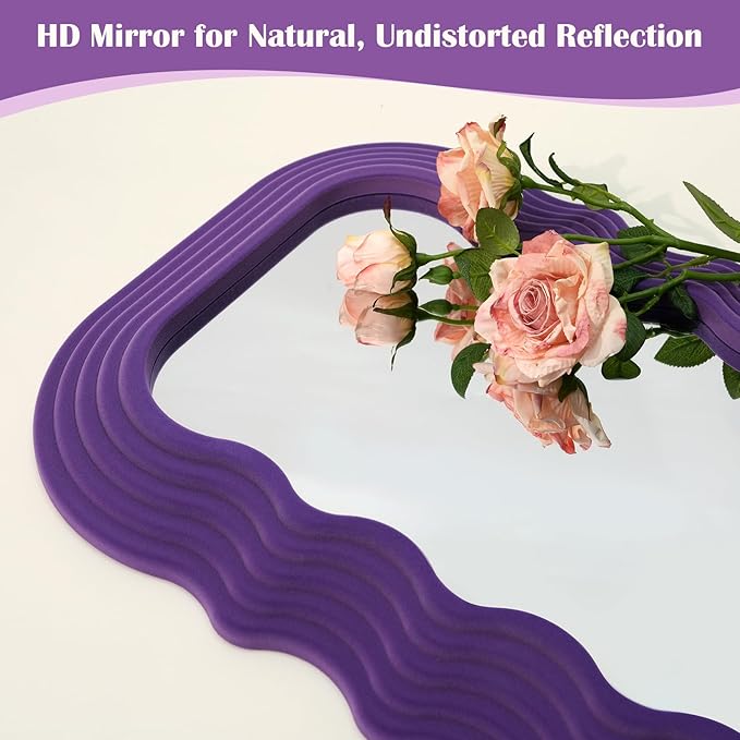 Wavy Wall Mirror for Girly Nursery Bedroom Decoration, 14x28 Noble Decorative Funky Mirrors for Modern Classical Home Office Living Room Housewarming Birthday Gift (Purple)