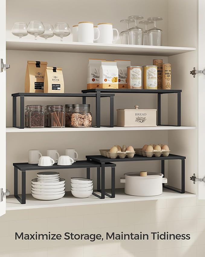 SONGMICS Cabinet Organizer Shelf, Set of 4 Kitchen Counter Shelves, Kitchen Storage, Spice Rack, Stackable, Expandable, Metal and Engineered Wood, Ink Black and Ebony Black UKCS028B01