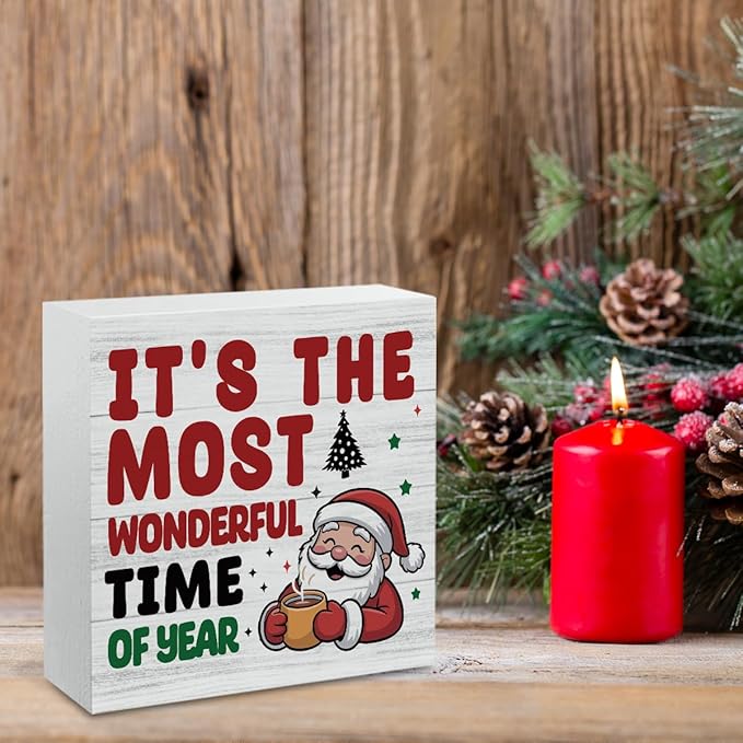 Christmas Coffee Bar Station Sign Decor Christmas Decorations Desk Accessories Indoor for Home Kitchen Office Coffee Bar Santa It's The Most Wonderful Time of Year Signs 5 X 5 Inch