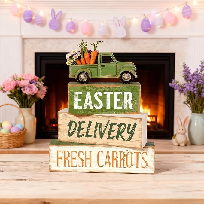 Easter Decorations - Easter Truck Tiered Tray Decor Set - Wooden Farm Fresh Carrots Tabletop Decoration - Rustic Farmhouse Spring Home Decor Indoor for Tiered Tray Shelf Mantel Coffee Table Gift - Spring Home Decor for Living Room, Kitchen Counter