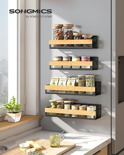SONGMICS Magnetic Spice Rack for Refrigerator, 4 Pack, 2 Large and 2 Small Kitchen Magnetic Shelves for Washing Machine, Spice Organizers, No Drilling Needed, Ink Black and Light Bamboo UKCS062BH01