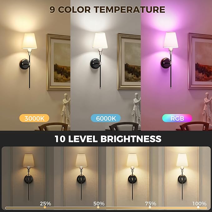 DORESshop Battery Operated Wall Sconce Set of 2, Wireless Wall Light Easy to Install, 7 Color Rechargeable Wall Sconces, Sconce Wall Decor Set of 2 for Bedroom, Living Room, Black and Chrome, 24.6in
