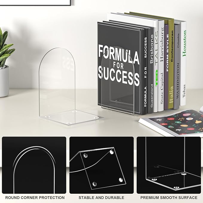 Acrylic Bookends 8 Pieces, Book Ends for Shelves, Clear Bookends for Book Shelves and Desktop Organizer, Transparent Shlef Book Stopper for Home Office Supplies