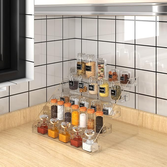 VAEHOLD Acrylic Spice Rack, 5 Tier Clear Organizer for Cabinet, Vertical Spice Rack Kitchen Organizer Shelf for Countertop (5 Tier 12‘’L)