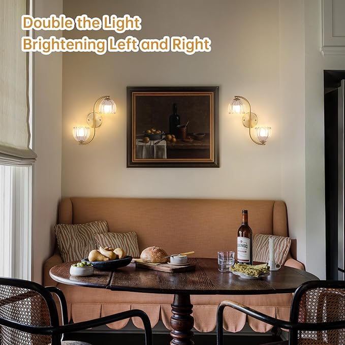 Battery Operated Wall Sconce, 2-Lights Vinatge Brass Wall Lighting Up and Down with Clear Tulip Shade for Living Room, Bedroom, Symmetrical 2 Pack