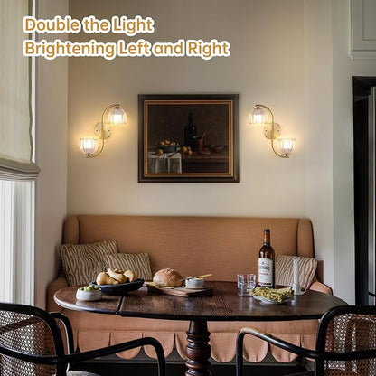 Battery Operated Wall Sconce, 2-Lights Vinatge Brass Wall Lighting Up and Down with Clear Tulip Shade for Living Room, Bedroom, Symmetrical 2 Pack