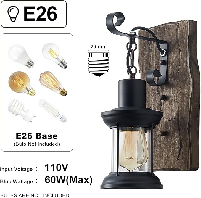 Rustic Industrial Wall Sconces, Black Metal Lantern with Wood Backplate, Farmhouse Indoor Light Fixture for Dining Room, Hallway, Porch