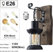 Rustic Industrial Wall Sconces, Black Metal Lantern with Wood Backplate, Farmhouse Indoor Light Fixture for Dining Room, Hallway, Porch