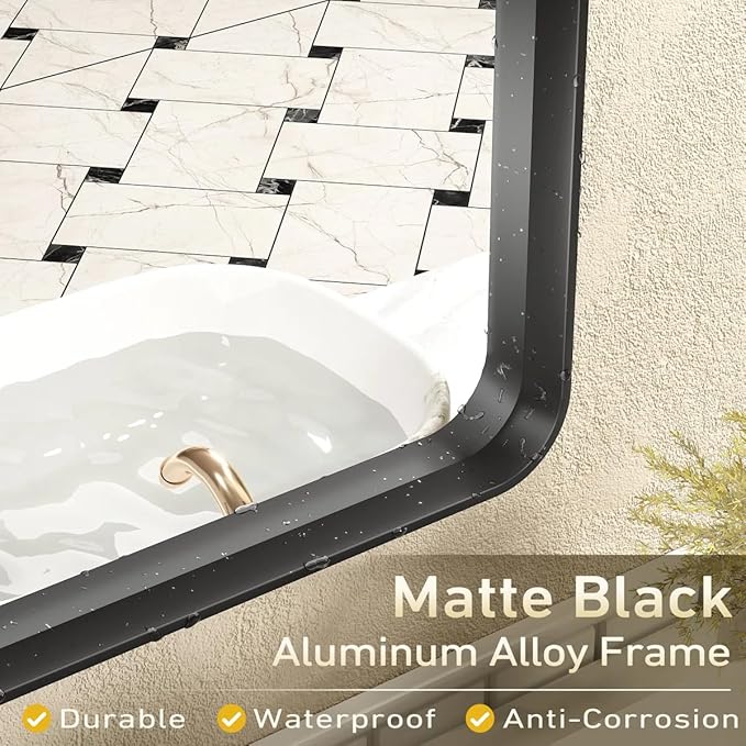 CHAMROR 20x30 Inch Black Metal Framed Bathrrom Mirror for Wall, Black Rounded Rectangle Mirror, Matte Black Bathroom Vanity Mirror, Anti-Rust, Tempered Glass, Hangs Horizontally or Vertically