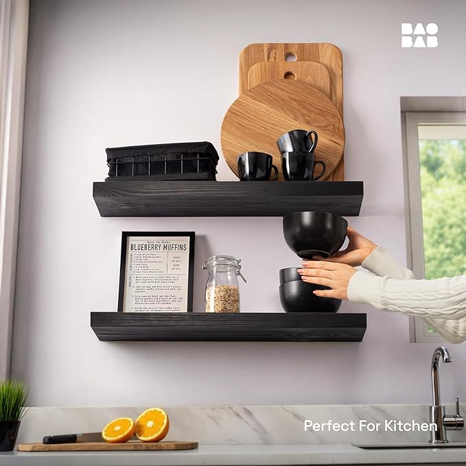 BAOBAB WORKSHOP Wood Floating Shelves for Bathroom Wall - Black Shelf 24 inch - Solid Wood Shelves for Wall for Bedroom Kitchen Living Room - Black Floating Shelves - 24 x 6.7 Inch, Set of 2