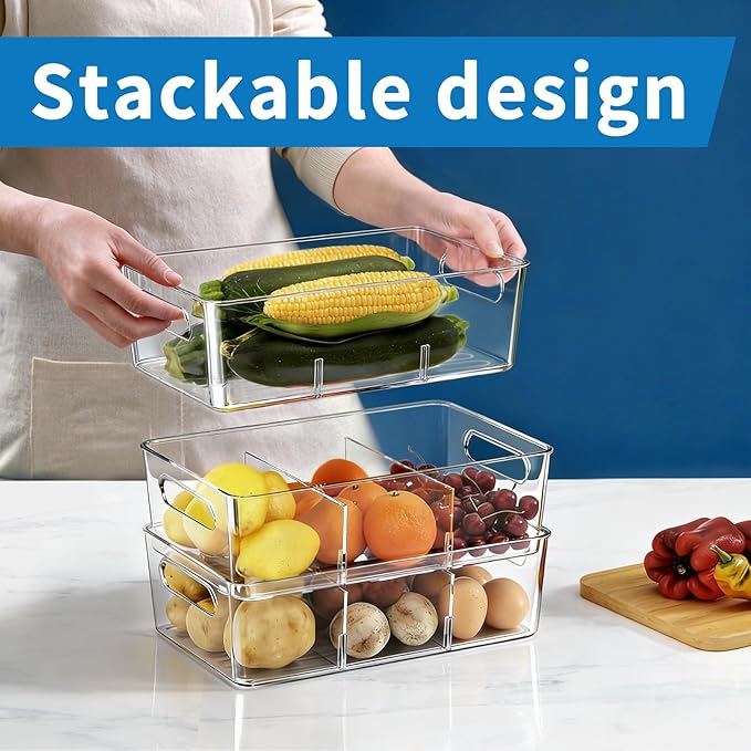 10 Pack Pantry Organizers and Storage,Clear Plastic Containers with 2 Dividers for Kitchen,Fridge Organization and Storage,Acrylic Bins for Pounches,Spice Packet,Snack organzier