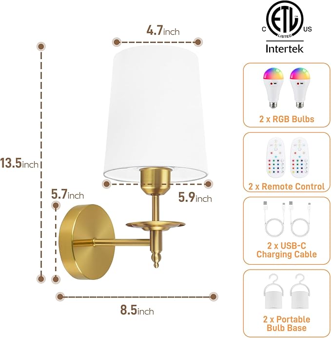 Battery Operated Wall Sconces Set of Two, Wireless Wall Sconces with Remote Control, 3CCT Dimmable Rechargeable Wall Lights, Gold Wall Lamps for Bedroom, Living Room, RGB Bulbs Included, ETL Listed