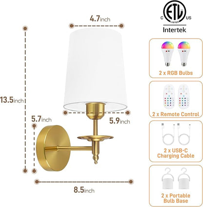 Battery Operated Wall Sconces Set of Two, Wireless Wall Sconces with Remote Control, 3CCT Dimmable Rechargeable Wall Lights, Gold Wall Lamps for Bedroom, Living Room, RGB Bulbs Included, ETL Listed