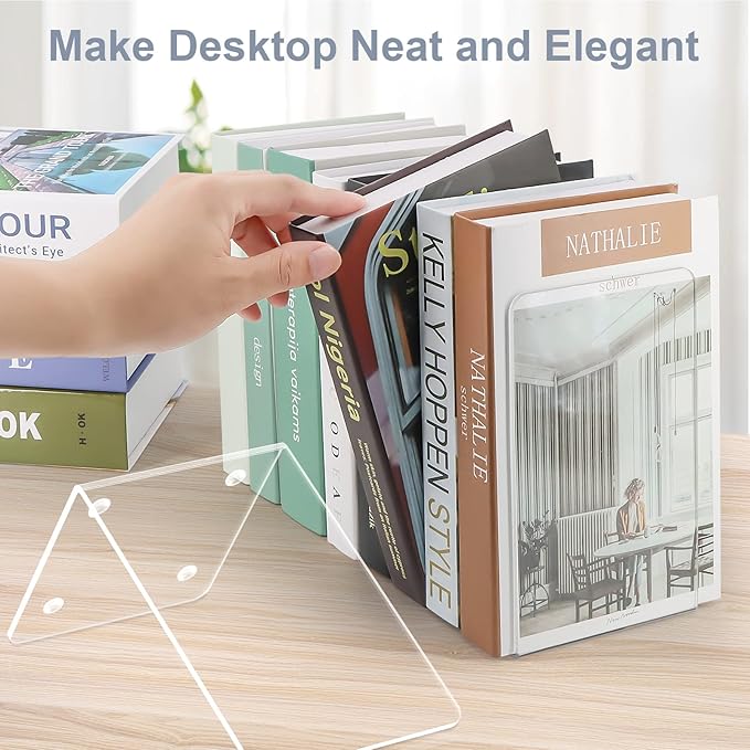 VFINE Bookends 4 Pieces, Acrylic Book End Clear Bookends for Shelves Decorative Bookend Non-Skid Book Ends Book Holders Book Organizer for Home Office School Supplies