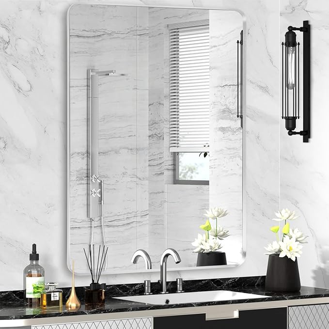 Silver Framed Bathroom Mirror, Brushed Nickel Large Rounded Corner Rectangle Wall Mirror, Tempered Glass, Shatter Proof, Anti-Rust, Hangs Horizontally or Vertically (28