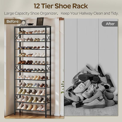 12 Tier Shoe Rack, Large Capacity Shoe Storage Organizer Holds 48 Pairs, Sturdy and Stable, for Entryway, Hallway, Closet, Dorm Room, Charcoal and Black SS12BC