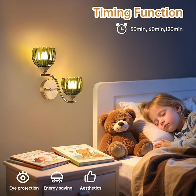 Battery Operated Wall Sconce, 2-Lights Vinatge Brass Wall Lighting with Green Tluip Shade Rechargeable Bulb with Remote for Living Room, Bedroom，Symmetrical 2 Pack