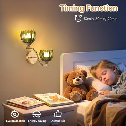 Battery Operated Wall Sconce, 2-Lights Vinatge Brass Wall Lighting with Green Tluip Shade Rechargeable Bulb with Remote for Living Room, Bedroom，Symmetrical 2 Pack