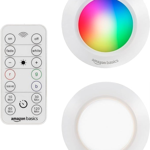 Amazon Basics LED Puck Lights, Color Changing, Battery Operated, IR Remote, 40 Lumens, Under Cabinet Lighting, Wireless Stick on Lights, Ideal for Closets, 2-Pack, White