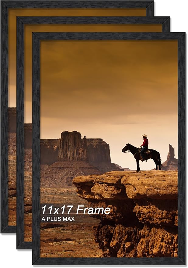 A PLUS MAX 11x17 Picture Frame Set of 3, Black Engineered Wood Frame for 11 x 17 Inch Picture Poster Photo, Light Weight 11 by 17 Frame with Wood-grain for Wall - 3 Pack/Black/11 x17