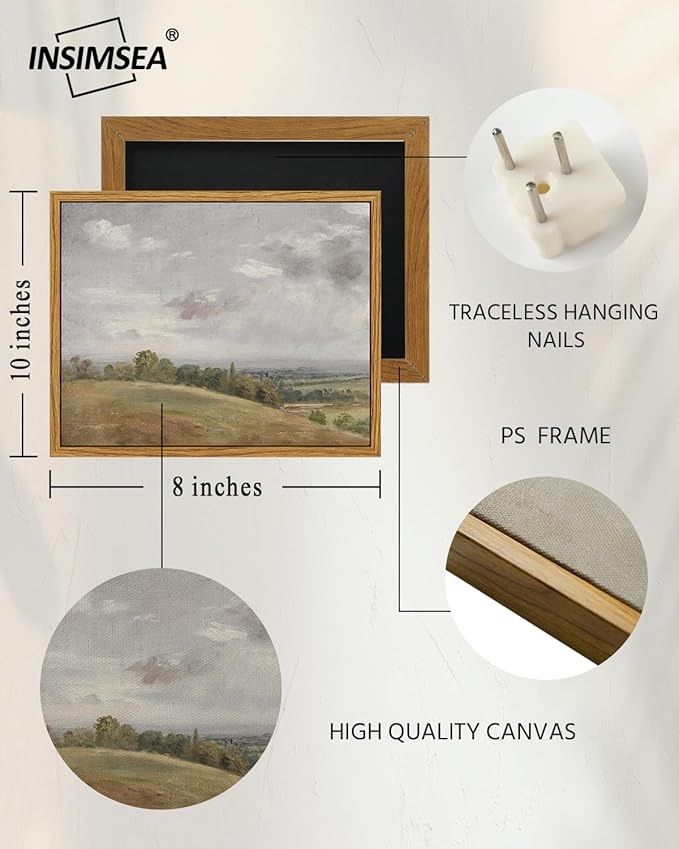 InSimSea Framed Canvas Wall Art Vintage Decor, White Clouds over Vast Grassland Classical Paintings Canvas Prints, Rustic Wall Decor for Bedroom Living Room Office, 8