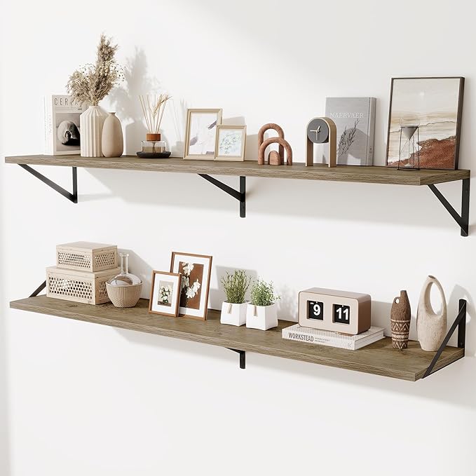 Deep Floating Shelves,55" Wx10 D Wood Wall Shelves Set of 2,Long Wood Floating Shelf with Metal Brackets,Floating Bookshelf for Living Room,Kitchen,Office,Bedroom,Decor Storage,Grey