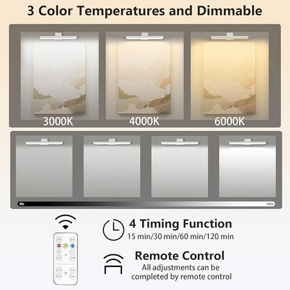 2Pack Picture Lights Battery Operated, Rechargeable Picture Frame Lights for Wall, LED Cordless Wall Lights Dimmable & Timmer with Remote Control for Arts, Paintings, Gallery, Dartboard, 3 Color Modes