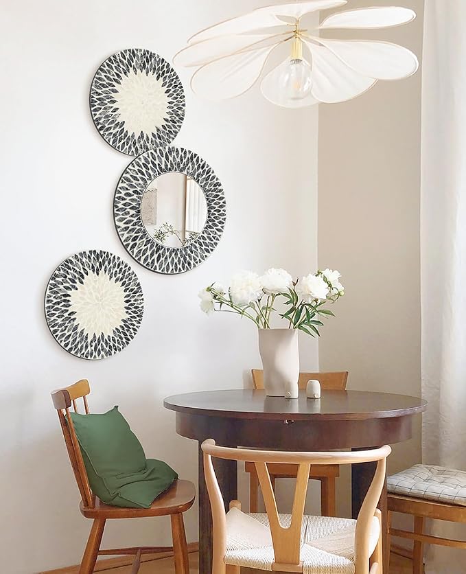 Natural Mother of Pearl Mirror Wall Decor for Bedroom Bathroom, 3PCS Geometric Wall Art Modern Home Office, Handmade Mosaic Art Circle Sculptures for Kitchen Living Dining Room (Black White)