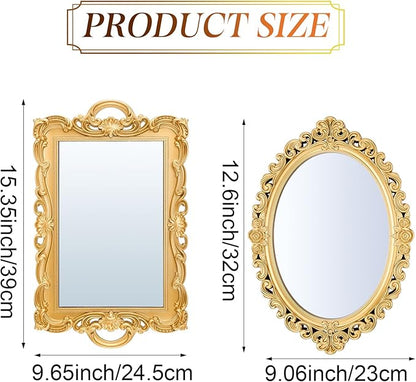2 Pcs Vintage Decorative Gold Mirror Set Including 12.6" x 9.1" Oval Wall Mirror 15.4" x 9.7" Square Antique Tabletop Makeup Vanity Tray for Bedrooms Room Dresser Decorations(Gold)