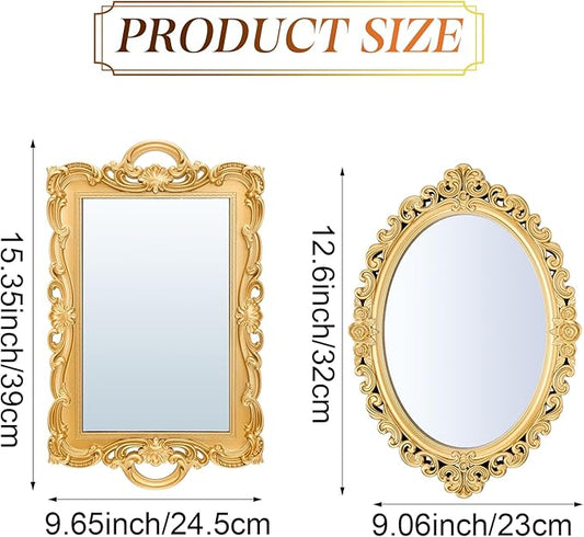 2 Pcs Vintage Decorative Gold Mirror Set Including 12.6" x 9.1" Oval Wall Mirror 15.4" x 9.7" Square Antique Tabletop Makeup Vanity Tray for Bedrooms Room Dresser Decorations(Gold)