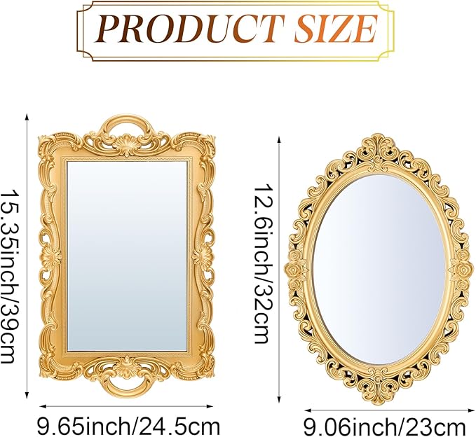 2 Pcs Vintage Decorative Gold Mirror Set Including 12.6