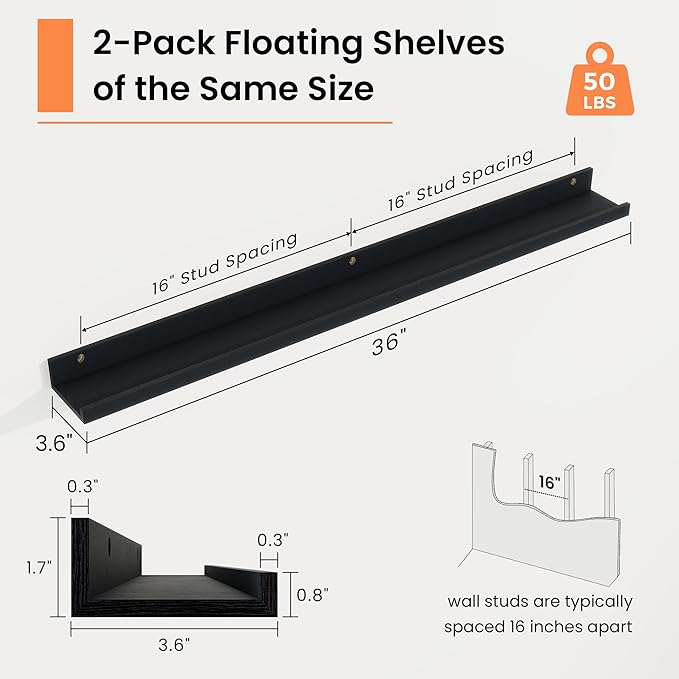 RICHFOCUS Picture Ledge Shelf, 36 inch Floating Shelves Set of 2, Wood Wall Shelves with Lip, Wall Decor Storage for Bedroom Living Room Bathroom Kitchen Nursery Photo Picture, Black