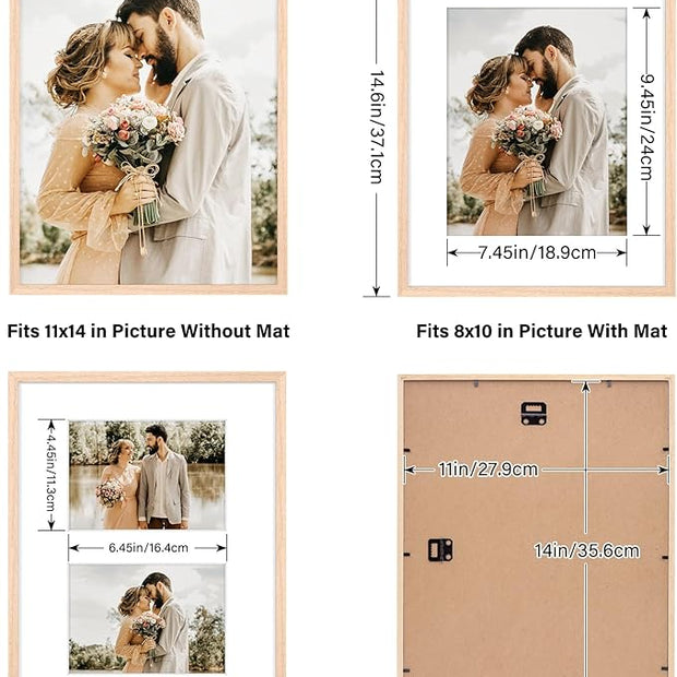 ATOBART 11x14 Picture Frame, OAK Wood Photo Frame 8x10 with Mat or 5x7 with 2 Mat with Perspex Glass for Vertical or Horizontal Tabletop Wall Display for Photo, Painting, Poster, Set of 2