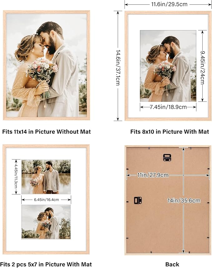 11x14 Picture Frame, OAK Wood Photo Frame 8x10 with Mat or 5x7 with 2 Mat with Perspex Glass for Vertical or Horizontal Tabletop Wall Display for Photo, Painting, Poster, Set of 3