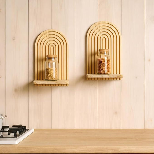 2 Pack Boho Wood Wall Hanging Shelf - Handmade Rainbow Arch Floating Shelves Trinket Storage Rack Modern Wall Decor for Bedroom Living Room Nursery Bathroom