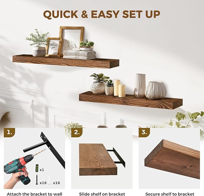 36x8x1.6 inch Floating Shelves Set of 2 – Solid Wood Rustic Brown Wall Mounted Shelf for Kitchen, Bathroom, Living Room