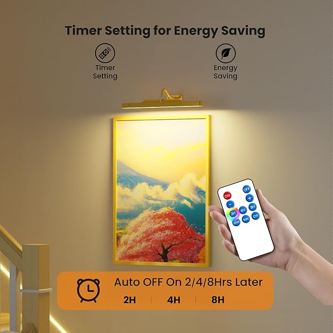 Lights for Pictures on Wall, 16in Battery Operated Picture Lights for Paintings, 5000mAh Wall Lights with Remote and 3 Light Modes,Art Light for Wall Painting,Frame, Portrait, Dartboard - Gold